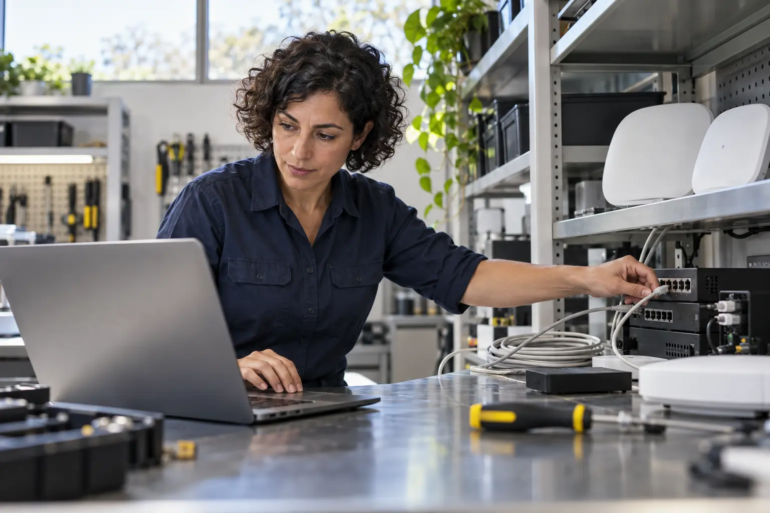 A technician connecting network equipment in a modern service workshop